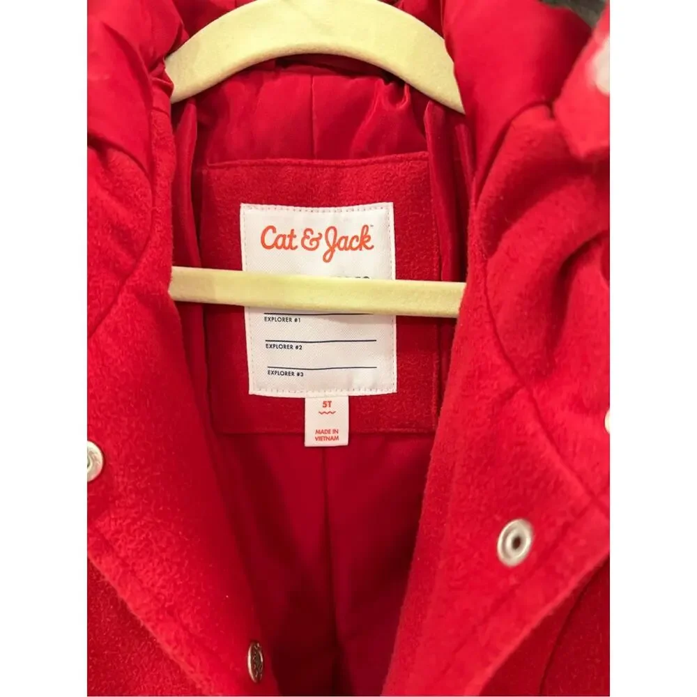 Cat & Jack Bright Red Hooded Pea Coat with Faux Fur Trim 5T kids